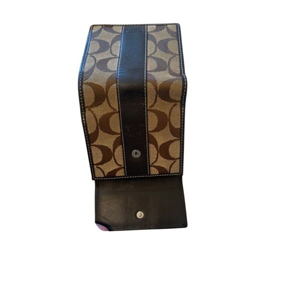 Coach Womens Brown Signature C Logo Leather Canvas Card Snap Bifold Wallet Small - Picture 7 of 10
